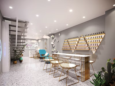 Modern Beauty Salon Interior With Gray Walls Gold Chairs White Tables And Nail Polish Displays 3d model
