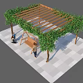Greenery Covered Wooden Pergola On Paved Ground With Swing And People Relaxing