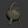 Ancient Bronze Household Vessel With Three Legs And Chain Handle Design