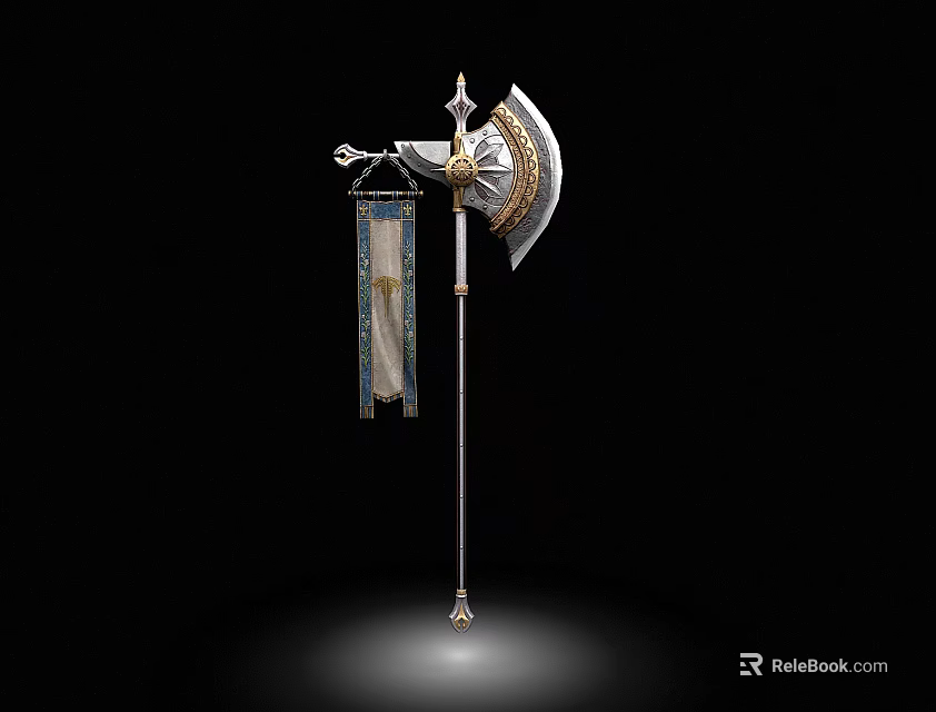 Decorative Battle Axe With Intricate Golden Accents And Hanging Banner On Black Background 3d model 