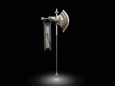 Decorative Battle Axe With Intricate Golden Accents And Hanging Banner On Black Background 3d model