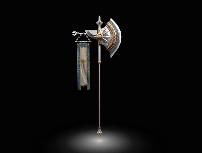 Decorative Battle Axe With Intricate Golden Accents And Hanging Banner On Black Background 3d model