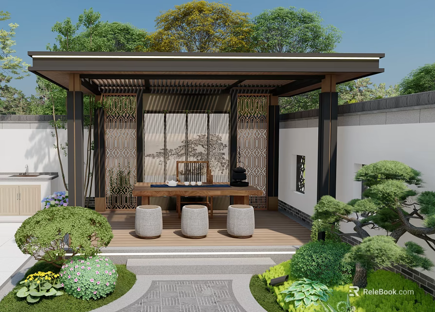 Traditional Chinese Courtyard Pavilion With Green Plants Stone Stools And Path 3d model 