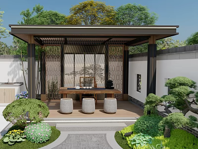 Traditional Chinese Courtyard Pavilion With Green Plants Stone Stools And Path 3d model