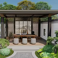 Traditional Chinese Courtyard Pavilion With Green Plants Stone Stools And Path