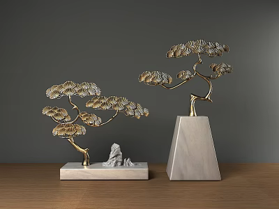Ornamental Decor Set of Golden Metal Pine Trees with Marble Base and Stone Decoration 3d model