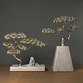 Ornamental Decor Set of Golden Metal Pine Trees with Marble Base and Stone Decoration