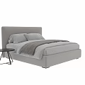 Modern Bedroom Bed With White Pillows Gray Blanket Light Headboard And Black Side Table
