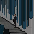 Cinema Interior With Dark Walls Blue Vertical Stripes Staircase Seats Blue Lighting And Standing Person