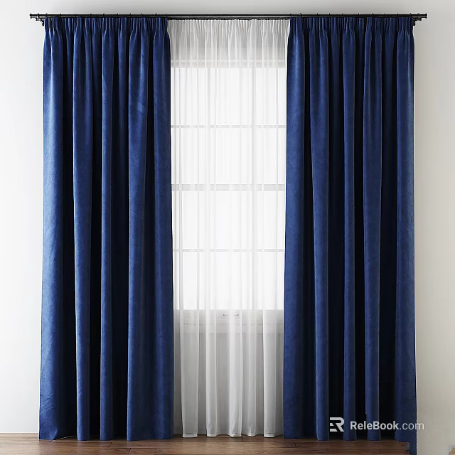 Deep Blue Curtains With White Sheer Panel For Window Interior Decoration 3d model 