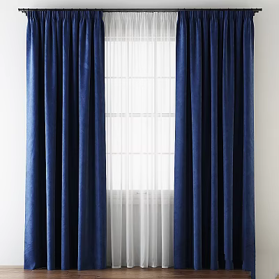 Deep Blue Curtains With White Sheer Panel For Window Interior Decoration 3d model