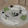 Curved Beige Sofa Set with Marble Coffee Table Green Armchairs Floor Lamp and Round Rug