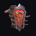 Intricate Fantasy Shield With Red Gold Decoration Metallic Spikes And Horns