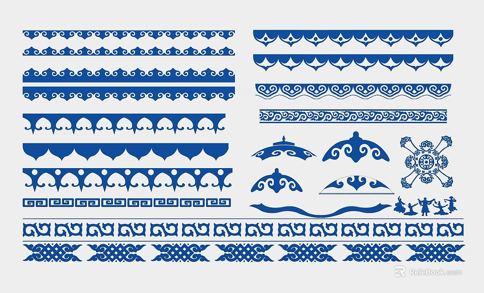 Blue and White Wall Decor With Traditional Patterns And Border Designs 3d model