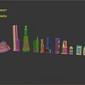 Cartoon Style City Buildings With Various Shapes Colorful Lights And Reflective Surface