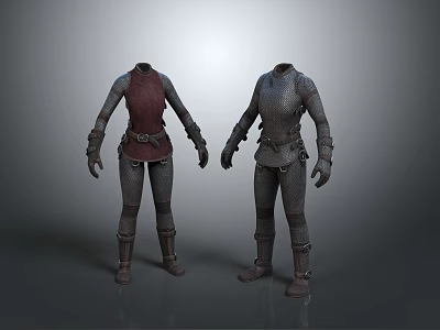 Two Medieval Style Costumes With Red And Gray Tops Leather Belts Pants And Boots 3d model