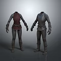 Two Medieval Style Costumes With Red And Gray Tops Leather Belts Pants And Boots