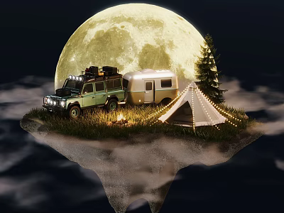 Cartoon Scene of Floating Island Featuring Green SUV Camper Tent Pine Tree String Lights and Full Moon 3d model