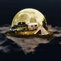 Cartoon Scene of Floating Island Featuring Green SUV Camper Tent Pine Tree String Lights and Full Moon