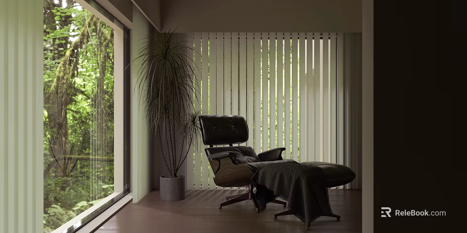 Villa Balcony With Tall Palm Plant Black Leather Chair White Vertical Blinds And Green Trees View 3d model 
