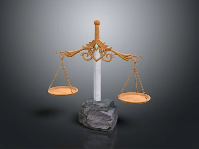 Ornate Golden Balance Scale With White Pillar Stone Base And Hanging Pans 3d model