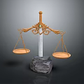 Ornate Golden Balance Scale With White Pillar Stone Base And Hanging Pans