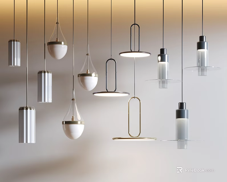 Modern Pendant Light Fixture Combinations With Diverse Designs And Metallic Glass Elements 3d model