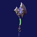 Metallic Battle Axe With Glowing Blue Gem And Decorative Blades Design
