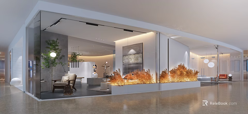 Modern Public Office Space With Open Layout Comfortable Seating Green Plants And Wall Art Decor 3d model 