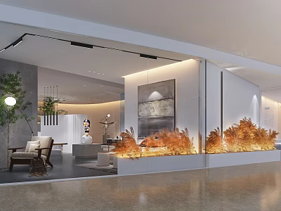 Modern Public Office Space With Open Layout Comfortable Seating Green Plants And Wall Art Decor 3d model