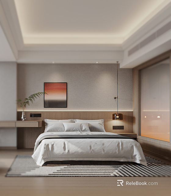 Modern Hotel Room Interior Featuring King Bed Decorative Painting And Soft Lighting Fixtures 3d model 