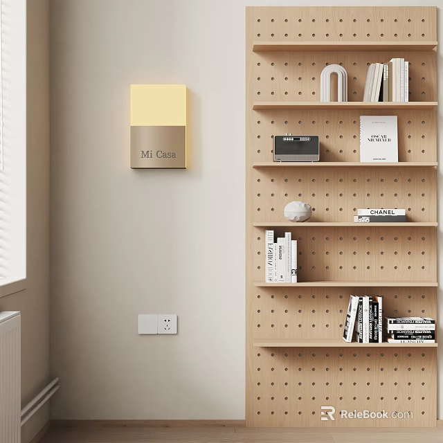 Modern Minimalist Wall Decor With Mi Clock Wooden Perforated Board And Decorative Books 3d model 