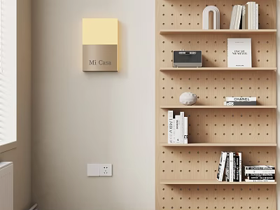 Modern Minimalist Wall Decor With Mi Clock Wooden Perforated Board And Decorative Books 3d model