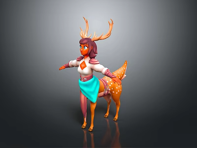 Fantasy Game Character Design Anthropomorphic Deer With Antlers Orange Hair And Blue Skirt 3d model