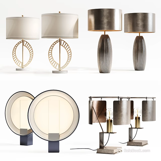 Modern Table Lamps With Ribbed Metal Bases And Round Shades For Home Decor 3d model 
