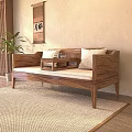 Wooden Luohan Daybed with White Cushions Small Center Table and Tea Set on Light Rug