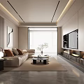 Modern Living Room Interior Design With Beige Sofa Coffee Table Floor Lamp And TV Wall