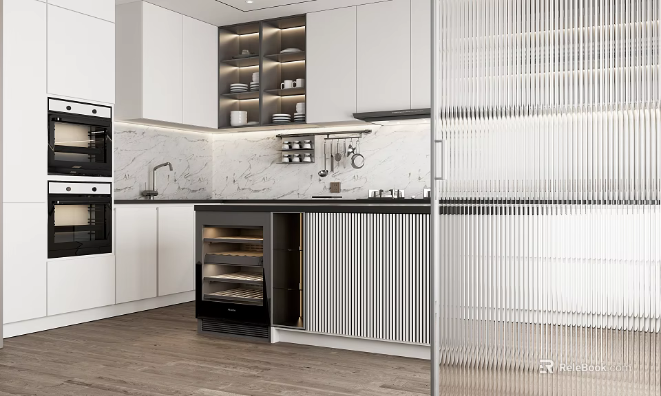 Modern Kitchen Interior Design With White Cabinets Marble Countertops And Appliances 3d model 