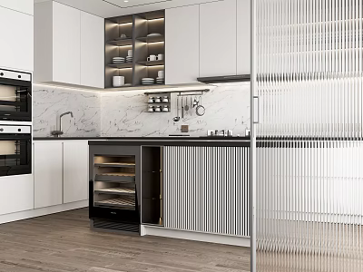 Modern Kitchen Interior Design With White Cabinets Marble Countertops And Appliances 3d model