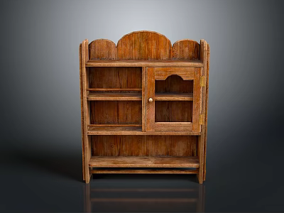 Antique Wooden Cabinet With Open Shelves Glass Door And Carved Top Design 3d model