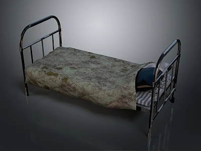 Classic Single Metal Frame Bed With Patterned Bedspread And Pillow 3d model