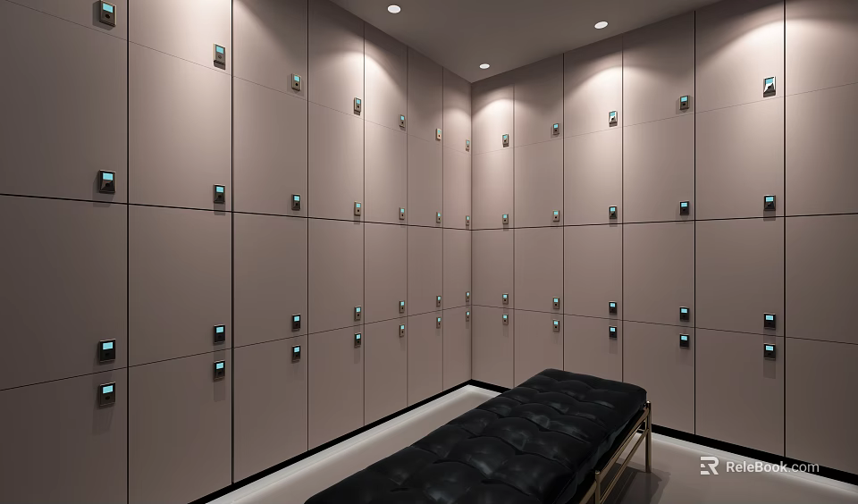 Spacious Modern Changing Room Interior With Rows Of Lockers And Leather Bench 3d model 