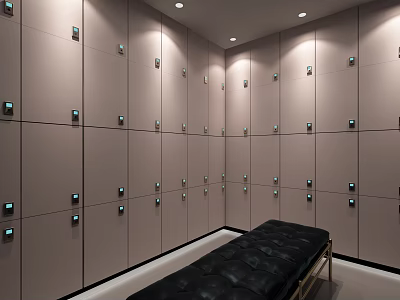 Spacious Modern Changing Room Interior With Rows Of Lockers And Leather Bench 3d model