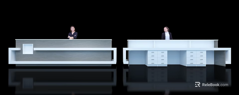 Modern Reception Desks With Staff Featuring Wooden Texture And White Drawers On Sleek Reflective Floor 3d model 