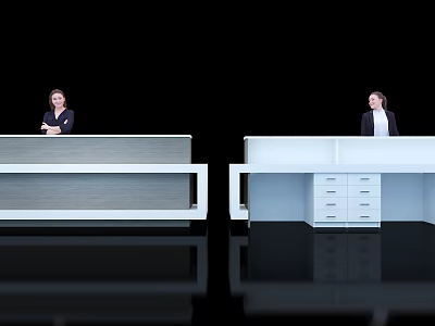 Modern Reception Desks With Staff Featuring Wooden Texture And White Drawers On Sleek Reflective Floor 3d model