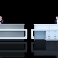 Modern Reception Desks With Staff Featuring Wooden Texture And White Drawers On Sleek Reflective Floor