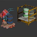 Durable Industrial Storage Equipment With Metal Drums Red Hand Truck And Yellow Racks