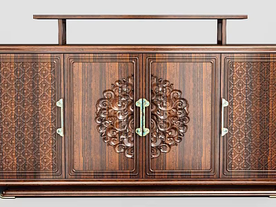 Chinese Style Dark Wood Sideboard With Intricate Carved Patterns And Metal Handles 3d model