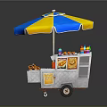 Colorful Street Food Cart With Yellow Blue Umbrella And Various Snacks Drinks
