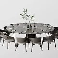 Modern Round Dining Table Set With Chairs Tableware Vase And Decorative Plant 3d model